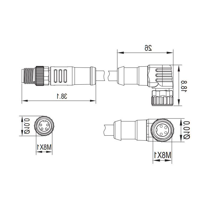 M8 4Pin, female 90° with LED light turn male straight, double end precast PUR flexible cable, black sheath, 63D181-XXX