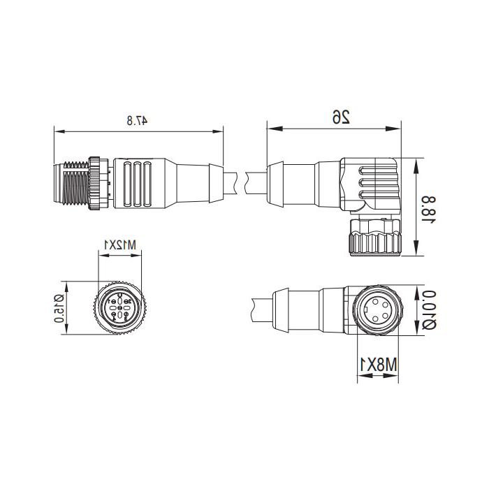 M8 to M12 4Pin, M8 female 90° with LED light to M12 male straight, double-ended precast PUR flexible cable, black sheathing, 63D301-XXX